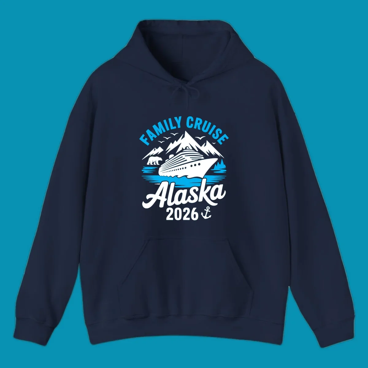 Family cruise Alaska scenic design with blue mountains, evergreen trees, and ocean waves framing the text