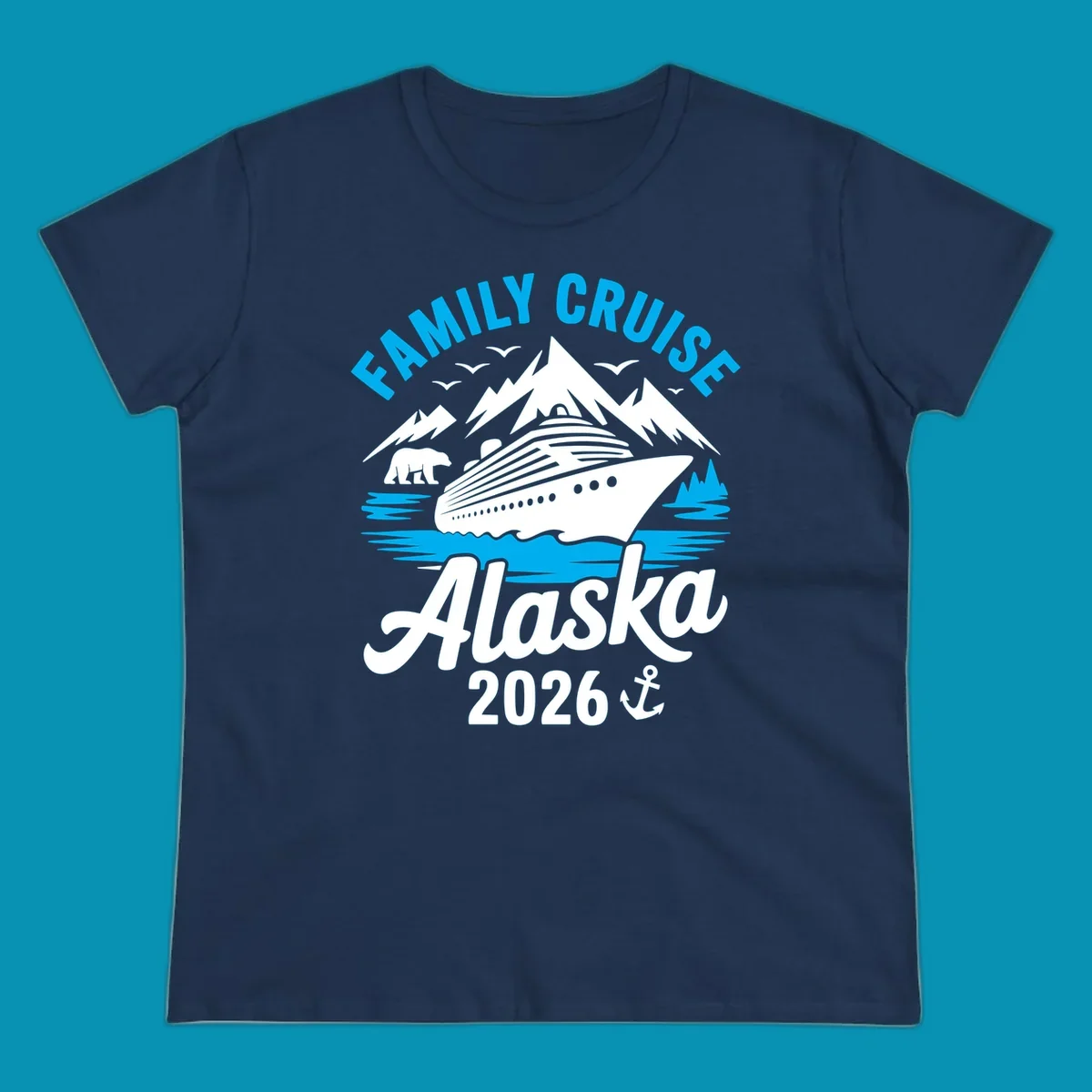 Family cruise Alaska scenic design with blue mountains, evergreen trees, and ocean waves framing the text