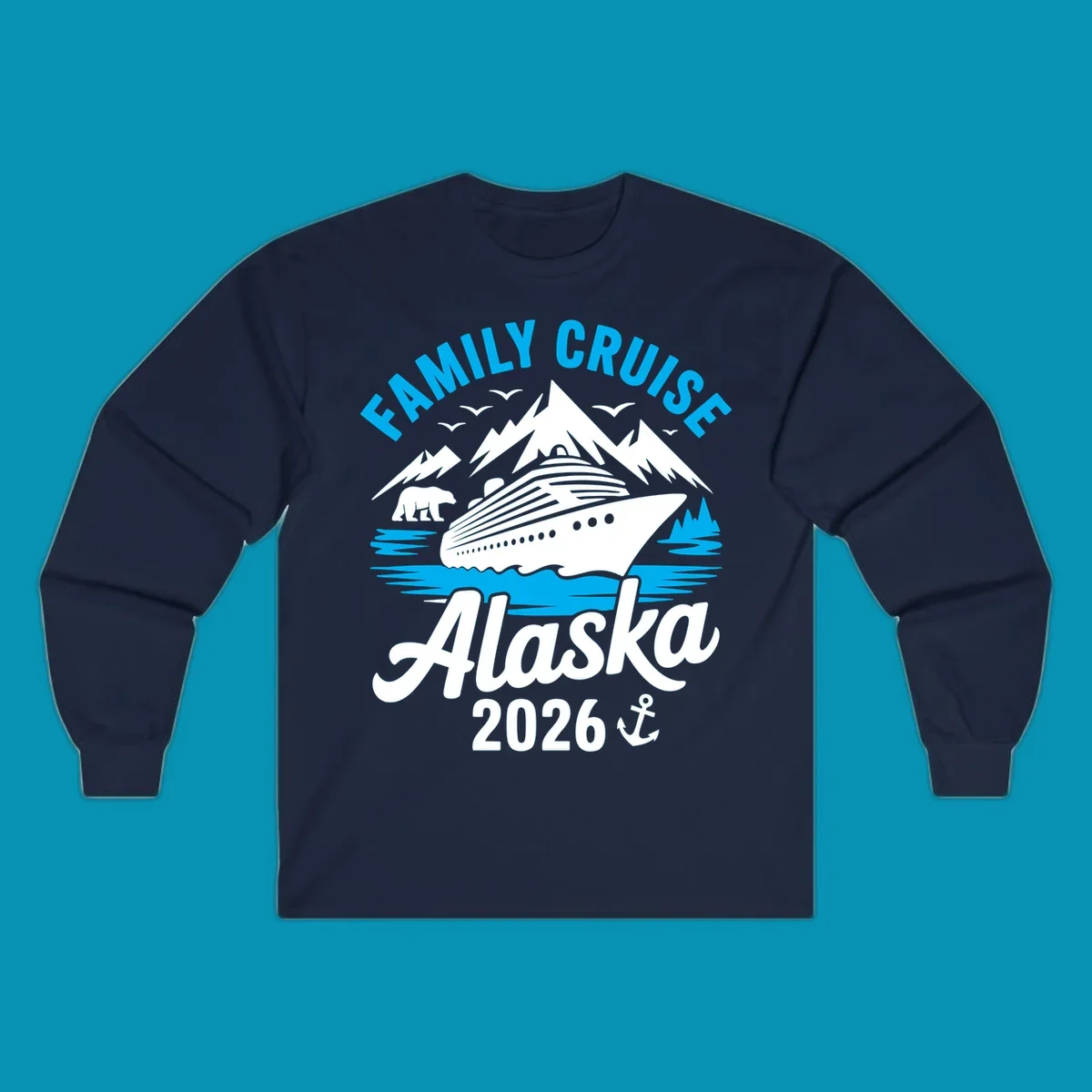 Family cruise Alaska scenic design with blue mountains, evergreen trees, and ocean waves framing the text