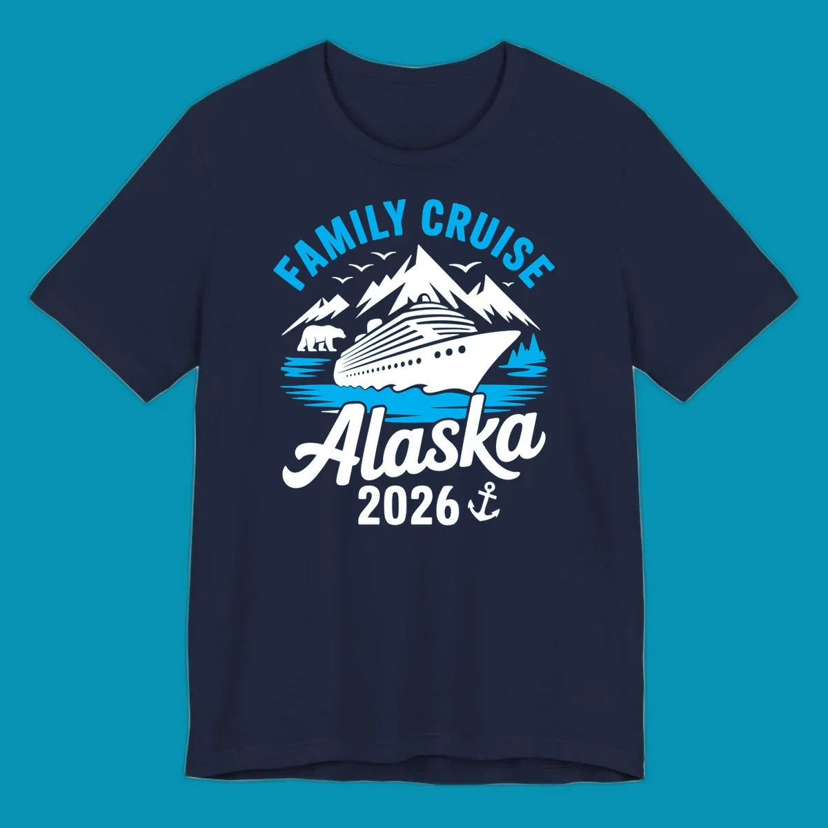 Family cruise Alaska scenic design with blue mountains, evergreen trees, and ocean waves framing the text