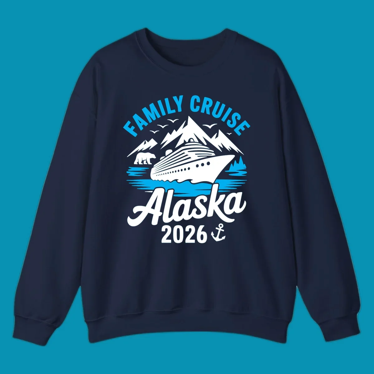 Family cruise Alaska scenic design with blue mountains, evergreen trees, and ocean waves framing the text