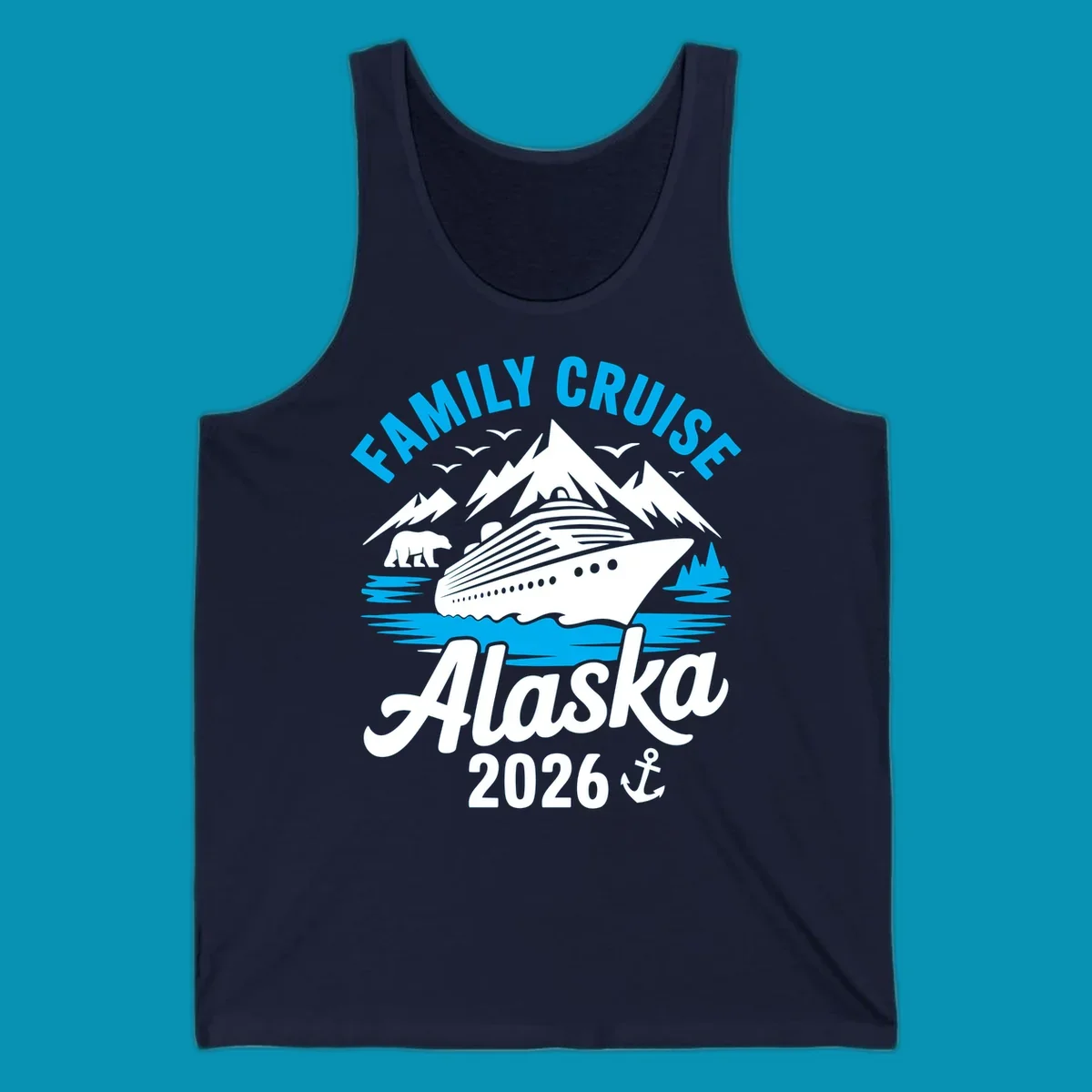 Family cruise Alaska scenic design with blue mountains, evergreen trees, and ocean waves framing the text
