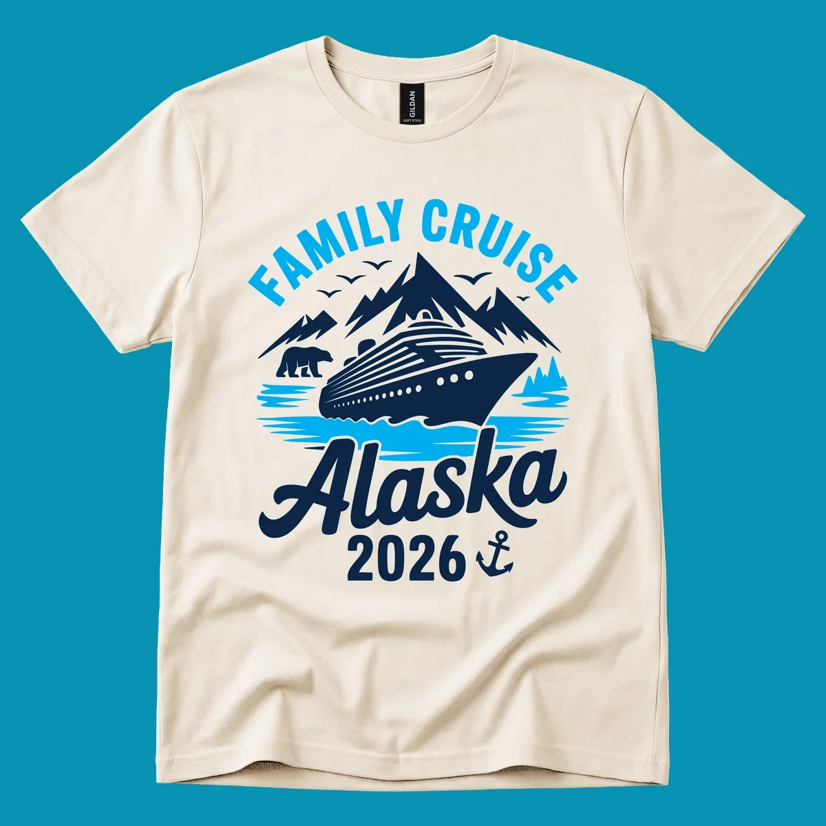 Family cruise Alaska scenic design with blue mountains, evergreen trees, and ocean waves framing the text