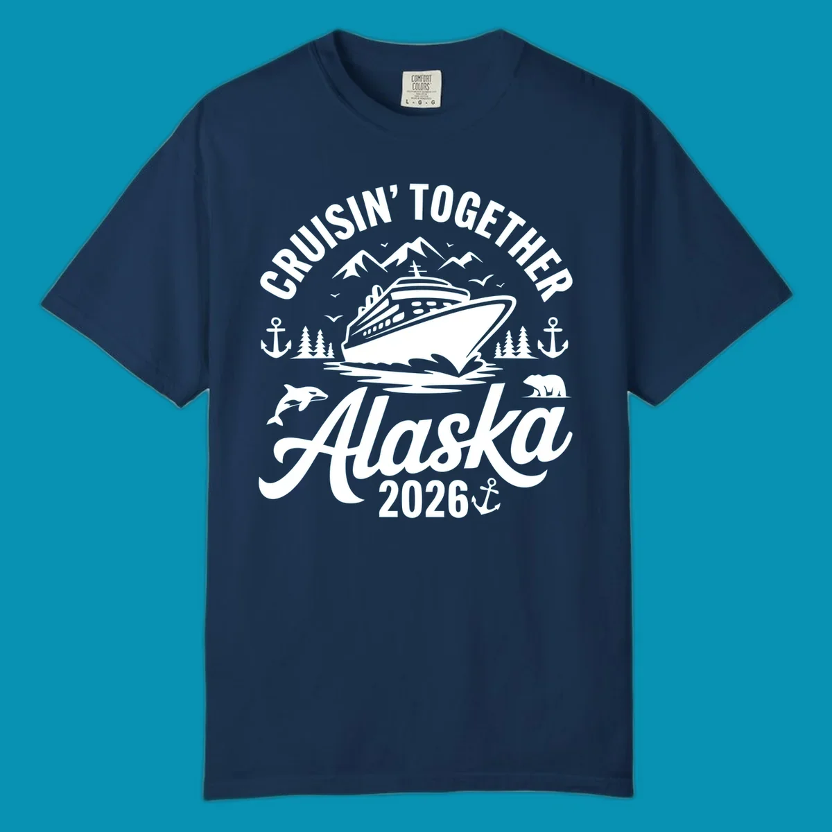 A graphic design for a cruisin-together-alaska-wildlife trip featuring a cruise ship, mountains, trees, bear, orca, and anchor.