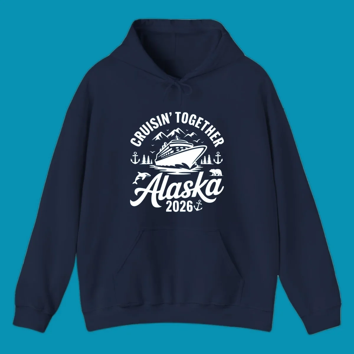 A graphic design for a cruisin-together-alaska-wildlife trip featuring a cruise ship, mountains, trees, bear, orca, and anchor.