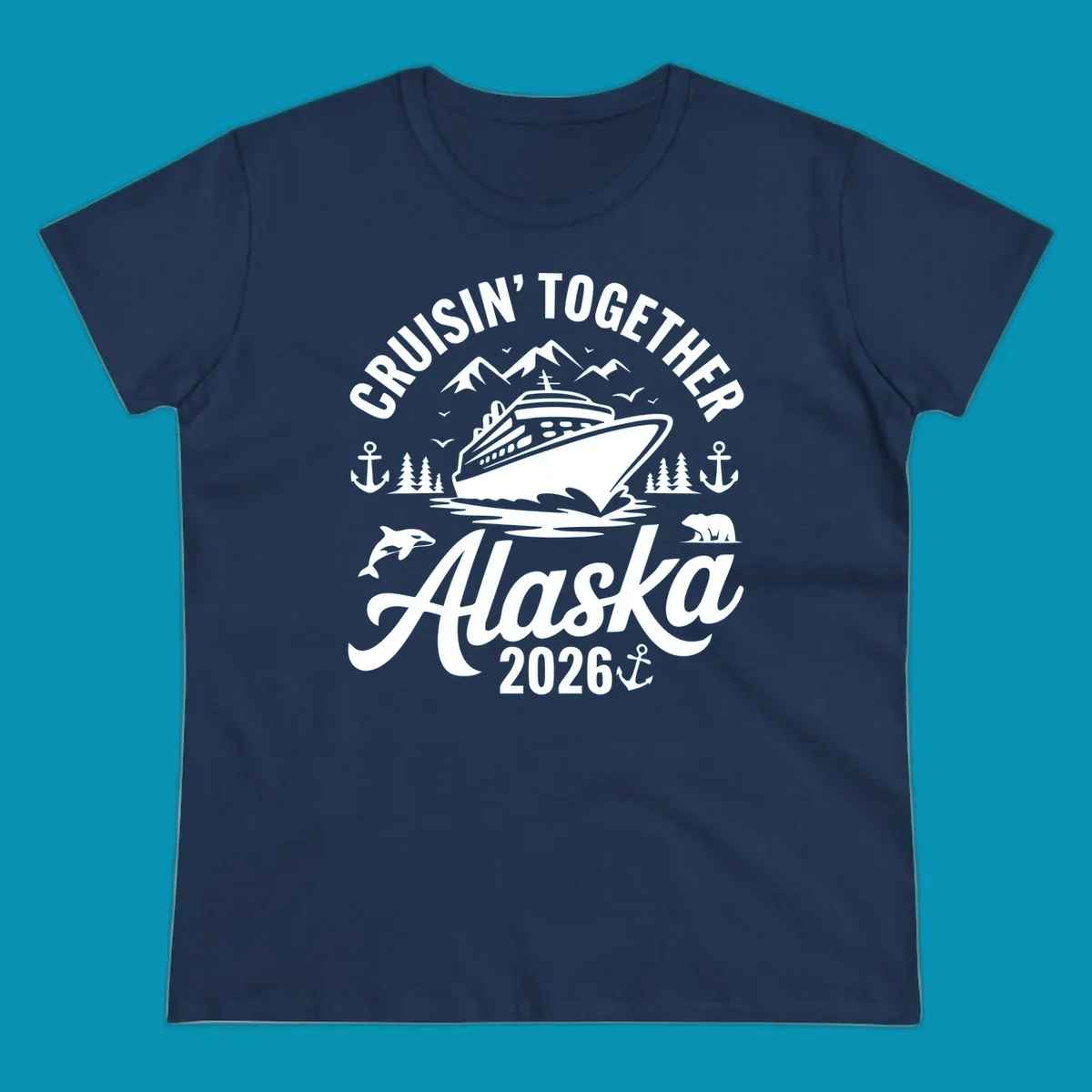 A graphic design for a cruisin-together-alaska-wildlife trip featuring a cruise ship, mountains, trees, bear, orca, and anchor.
