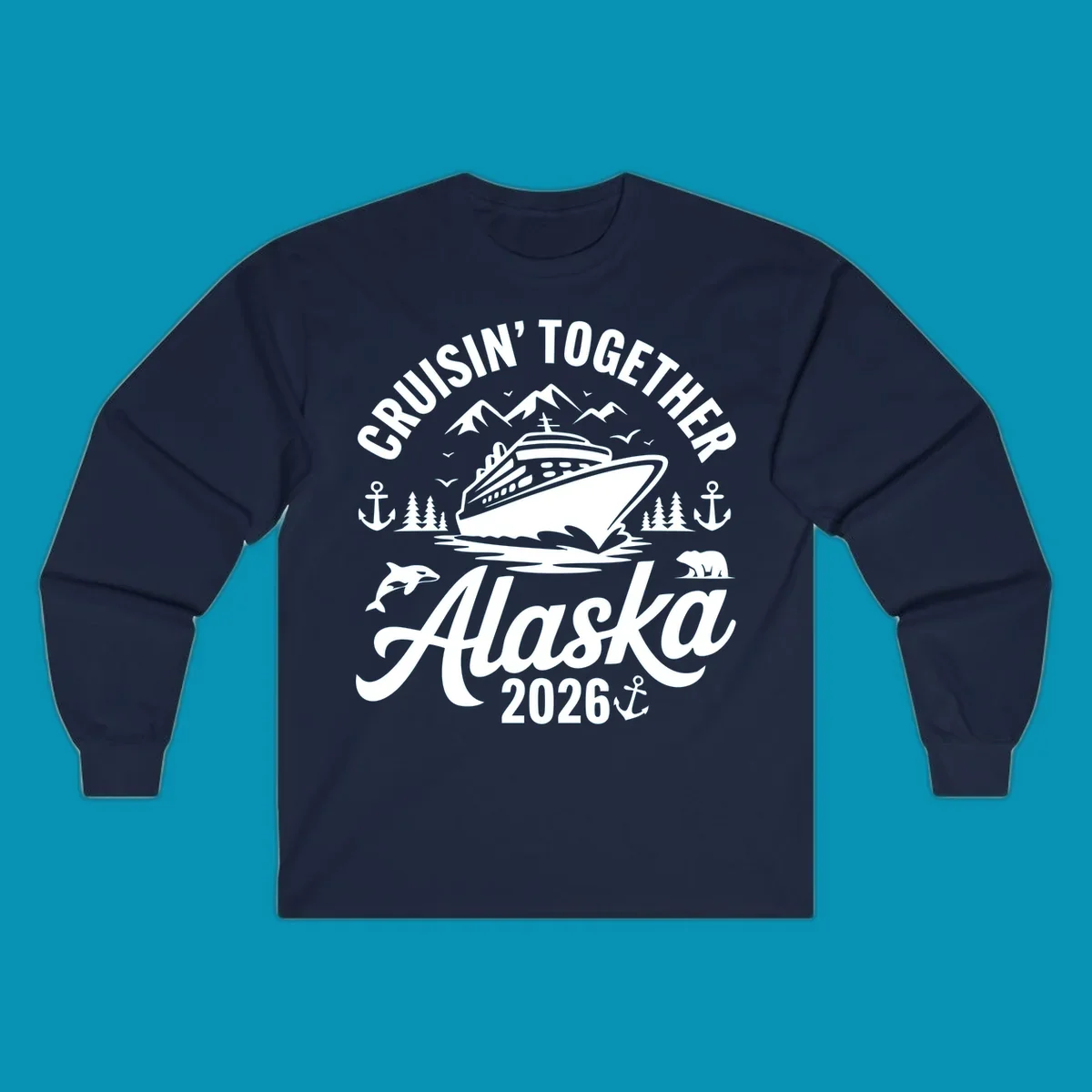 A graphic design for a cruisin-together-alaska-wildlife trip featuring a cruise ship, mountains, trees, bear, orca, and anchor.