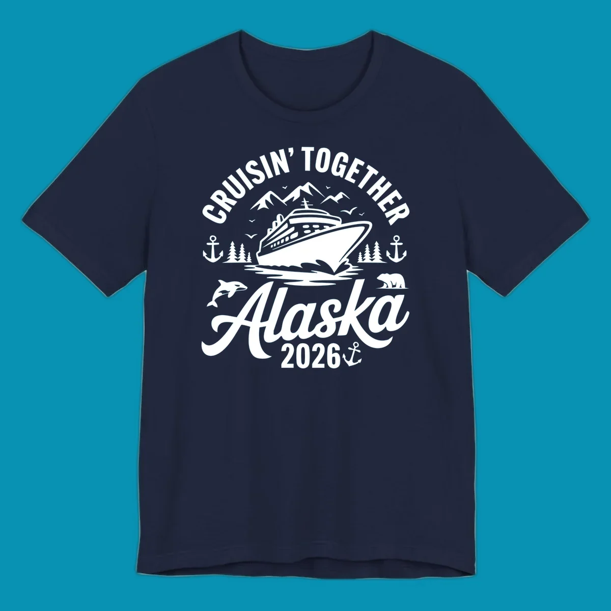 A graphic design for a cruisin-together-alaska-wildlife trip featuring a cruise ship, mountains, trees, bear, orca, and anchor.
