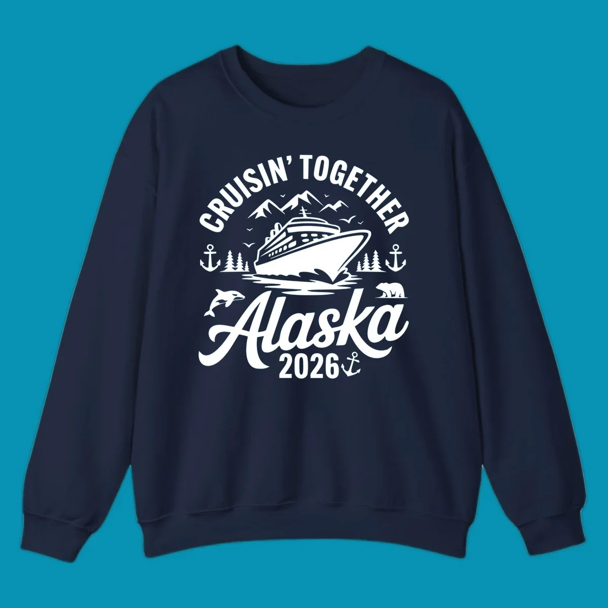 A graphic design for a cruisin-together-alaska-wildlife trip featuring a cruise ship, mountains, trees, bear, orca, and anchor.