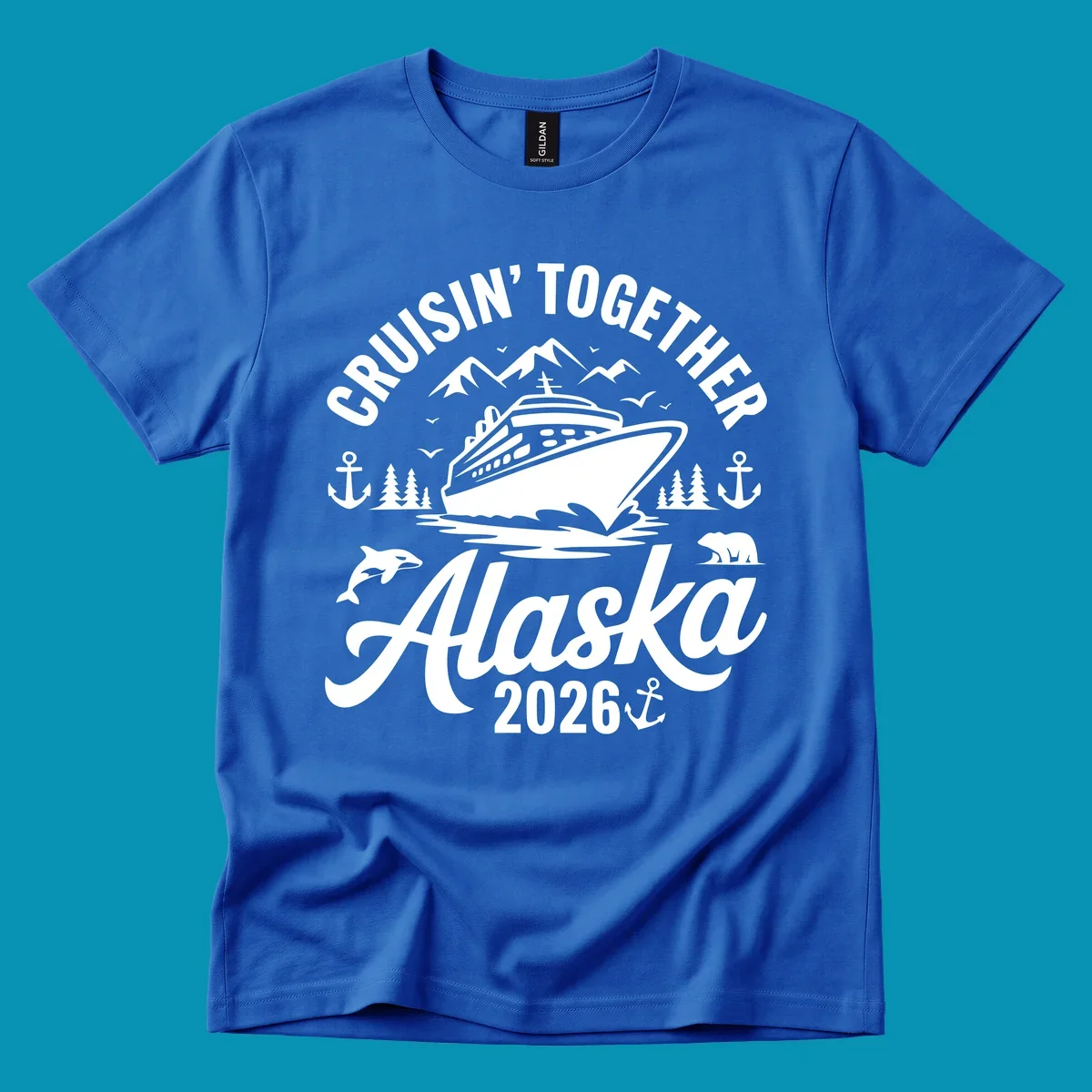 A graphic design for a cruisin-together-alaska-wildlife trip featuring a cruise ship, mountains, trees, bear, orca, and anchor.