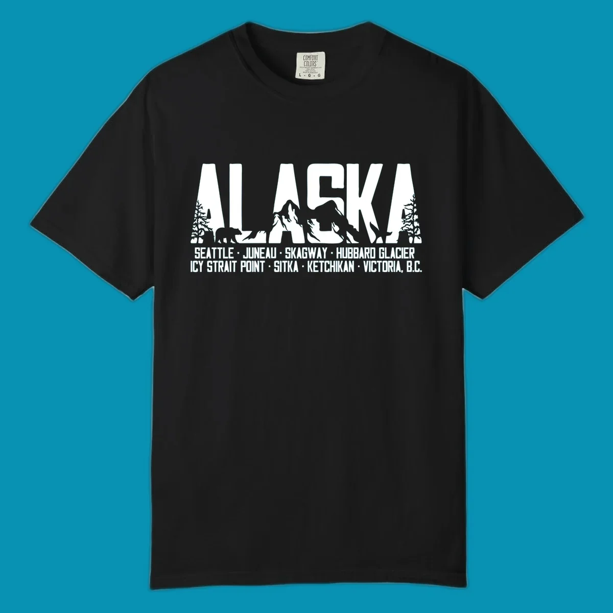 Black and white design featuring the word ALASKA filled with pine trees, a bear, and mountains, with a list of alaska-ports-itinerary-scenic below.