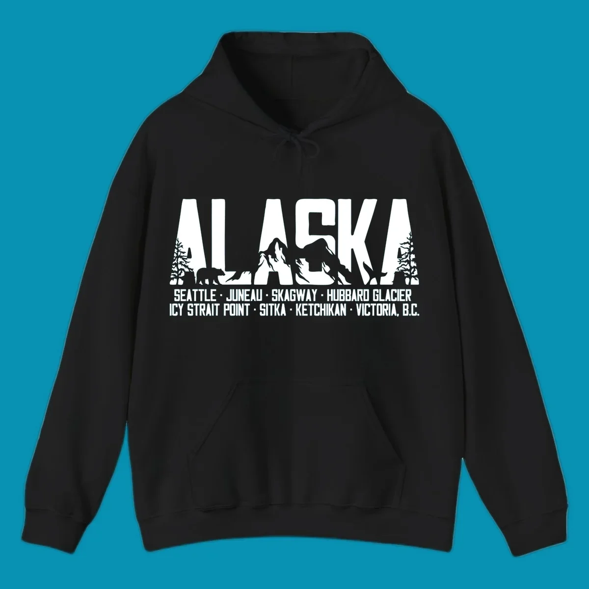 Black and white design featuring the word ALASKA filled with pine trees, a bear, and mountains, with a list of alaska-ports-itinerary-scenic below.