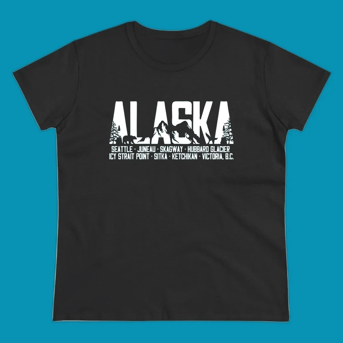 Black and white design featuring the word ALASKA filled with pine trees, a bear, and mountains, with a list of alaska-ports-itinerary-scenic below.