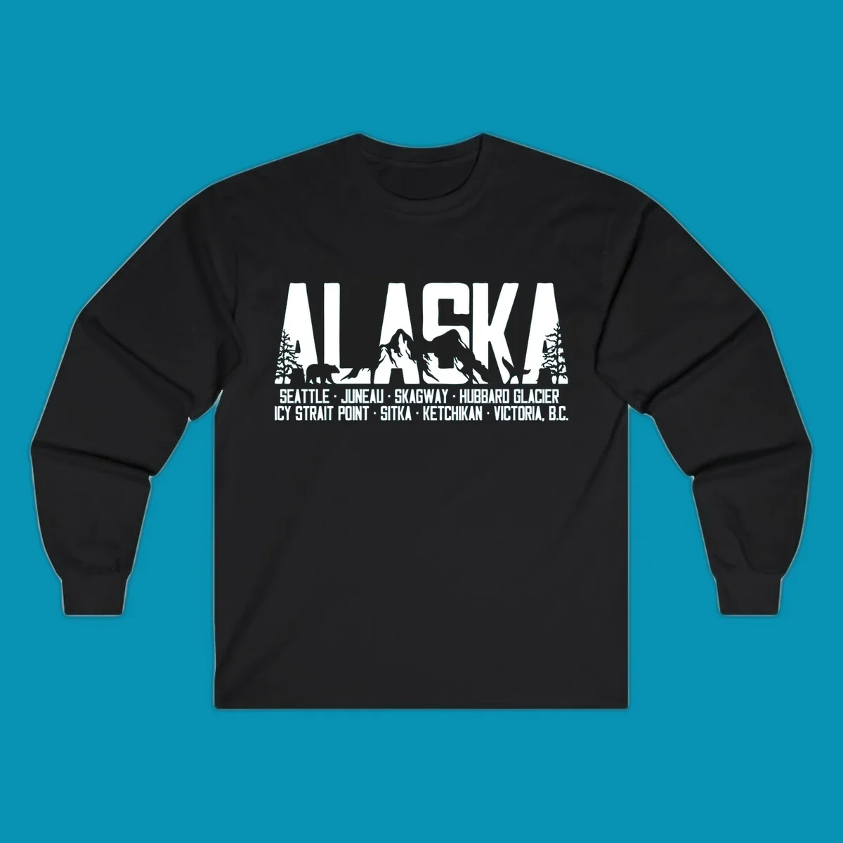 Black and white design featuring the word ALASKA filled with pine trees, a bear, and mountains, with a list of alaska-ports-itinerary-scenic below.