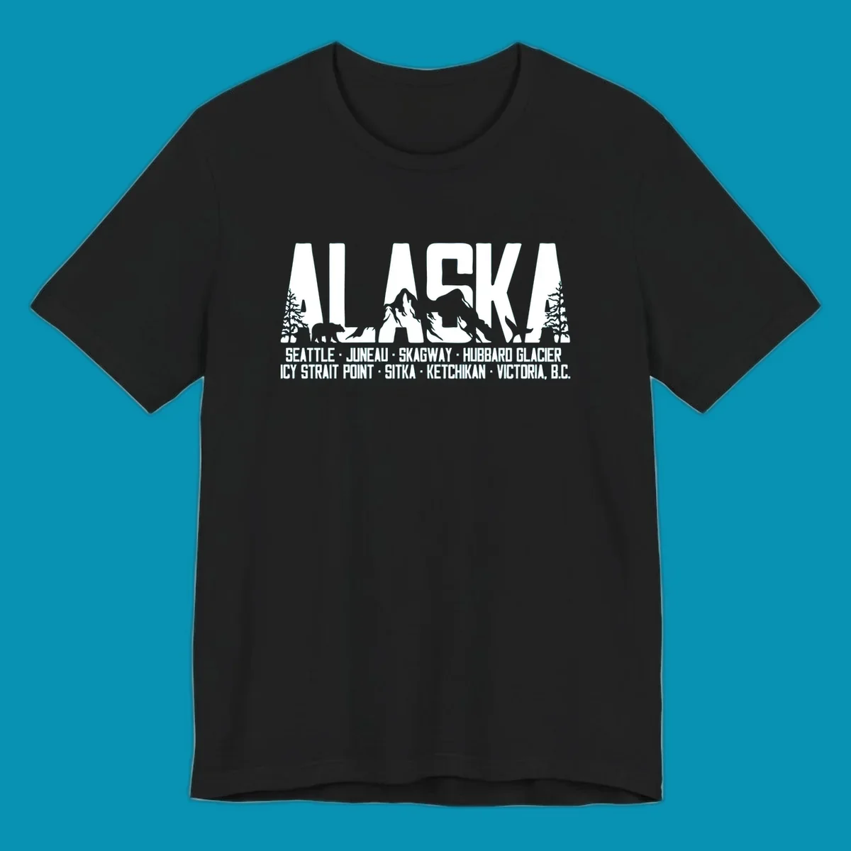Black and white design featuring the word ALASKA filled with pine trees, a bear, and mountains, with a list of alaska-ports-itinerary-scenic below.