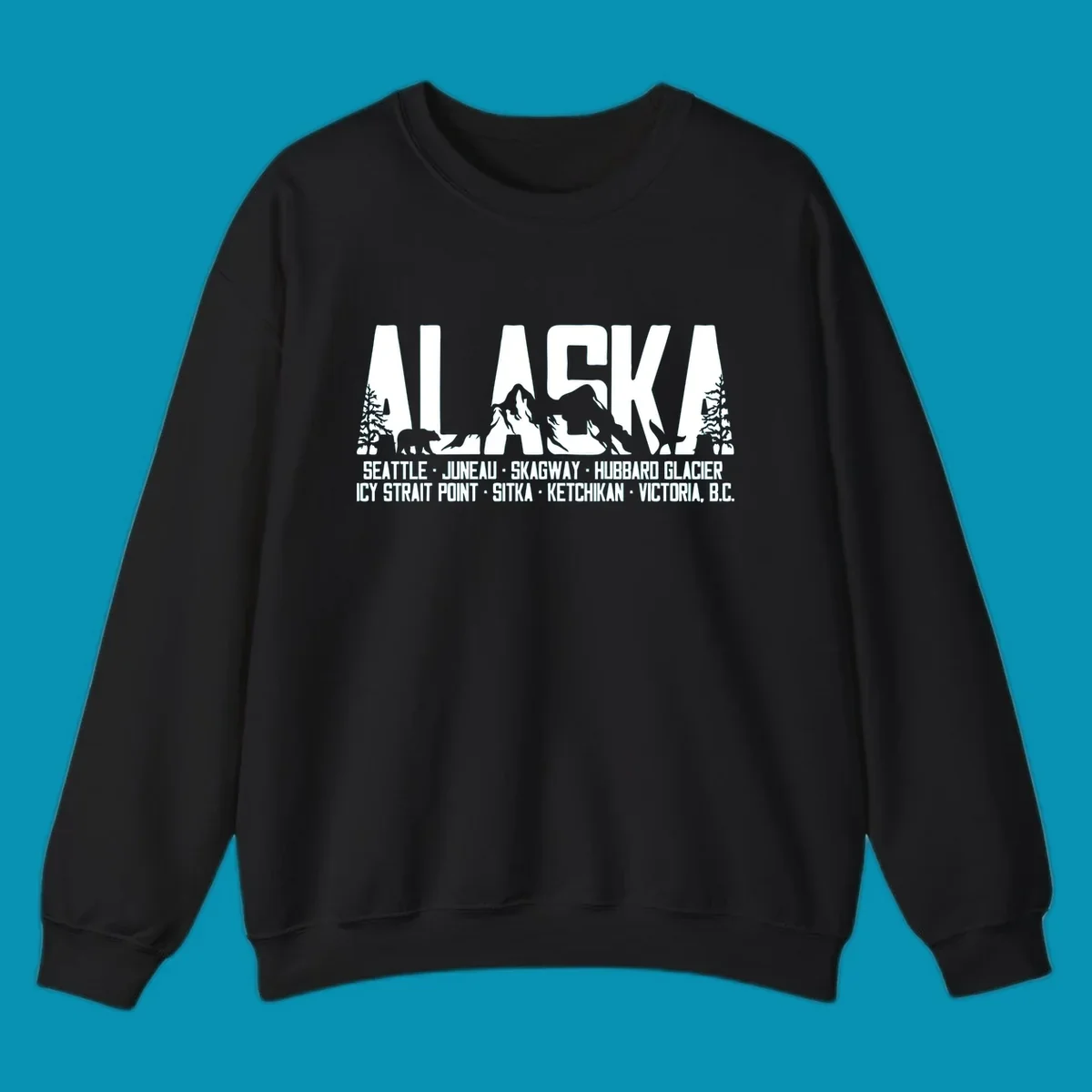 Black and white design featuring the word ALASKA filled with pine trees, a bear, and mountains, with a list of alaska-ports-itinerary-scenic below.