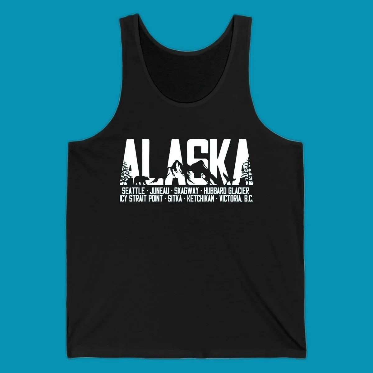 Black and white design featuring the word ALASKA filled with pine trees, a bear, and mountains, with a list of alaska-ports-itinerary-scenic below.