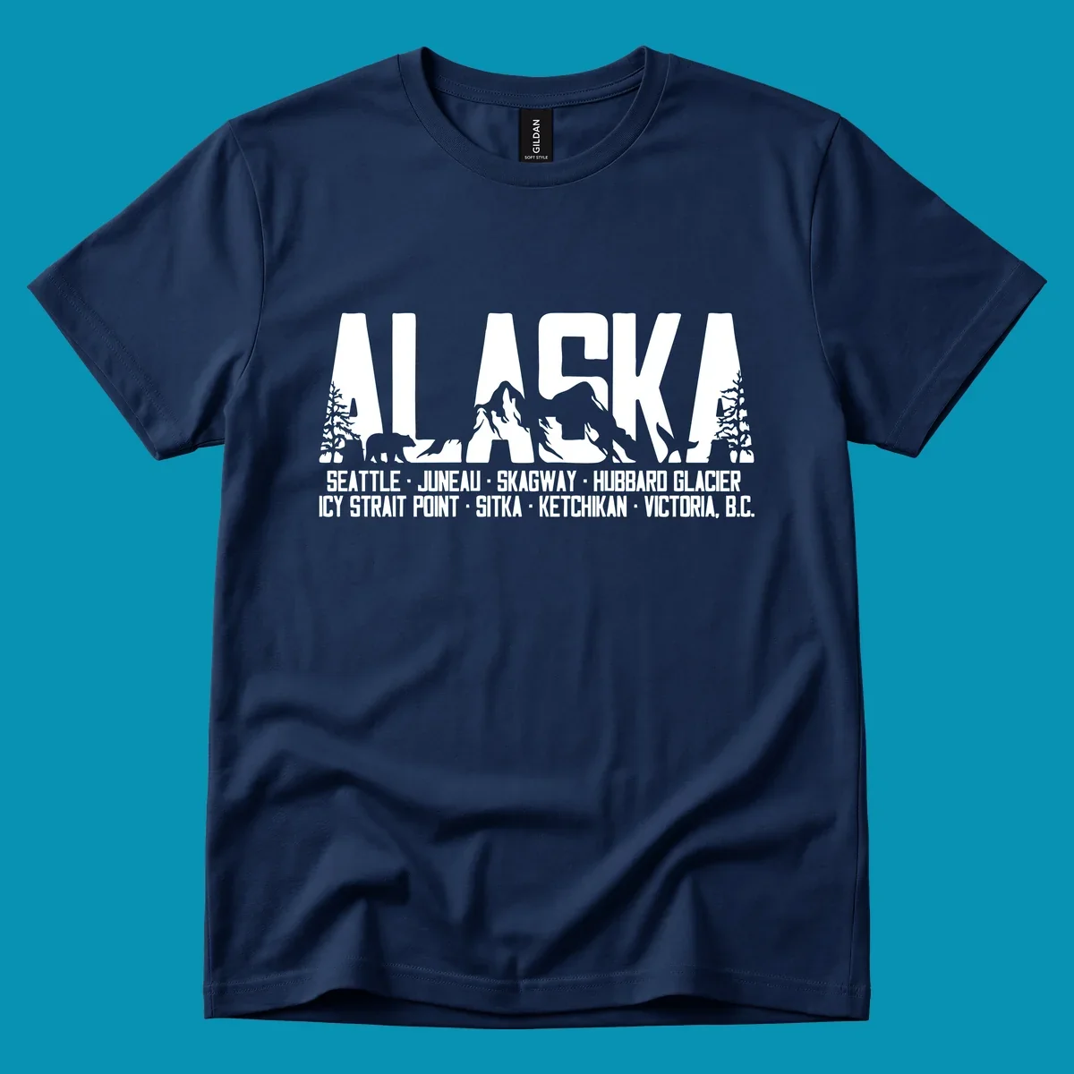 Black and white design featuring the word ALASKA filled with pine trees, a bear, and mountains, with a list of alaska-ports-itinerary-scenic below.