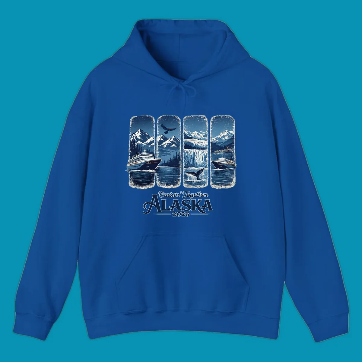 An Alaska cruise adventure panes design featuring four vertical panels with mountains, eagle, glacier, whale, and cruise ships. Text: Cruisin' Together Alaska 2026.