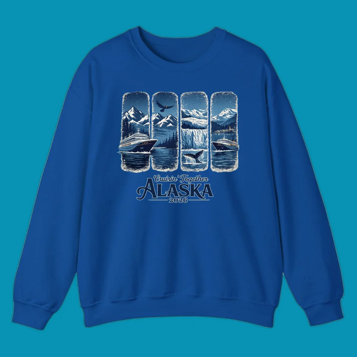 An Alaska cruise adventure panes design featuring four vertical panels with mountains, eagle, glacier, whale, and cruise ships. Text: Cruisin' Together Alaska 2026.