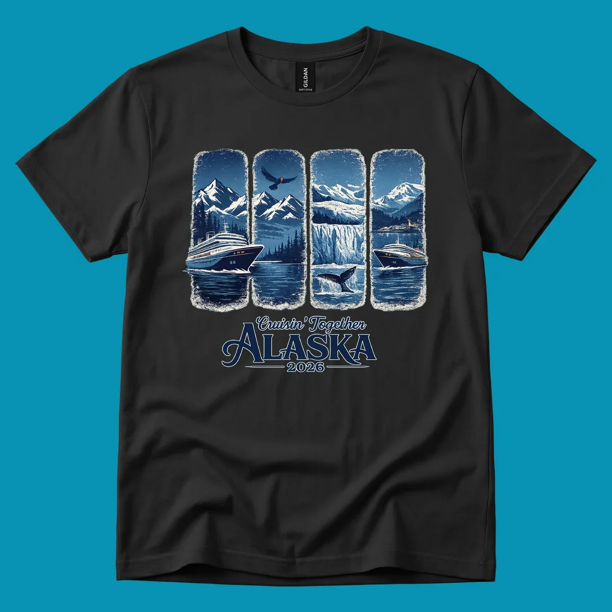 An Alaska cruise adventure panes design featuring four vertical panels with mountains, eagle, glacier, whale, and cruise ships. Text: Cruisin' Together Alaska 2026.