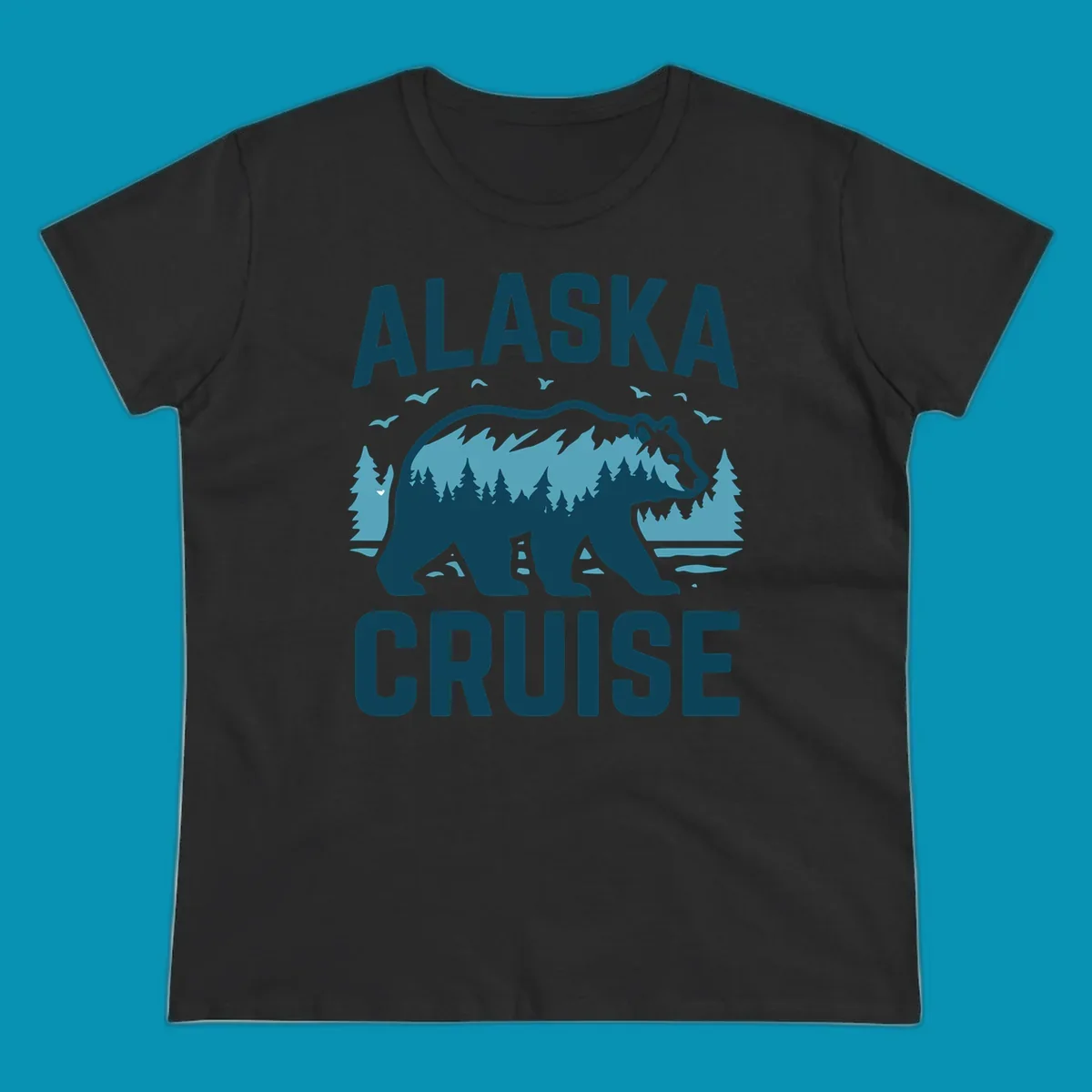 An illustrated design with 'ALASKA' and 'CRUISE' text, featuring a walking alaska-bear-mountain-silhouette filled with a forest and mountain landscape, surrounded by trees, birds, and water.