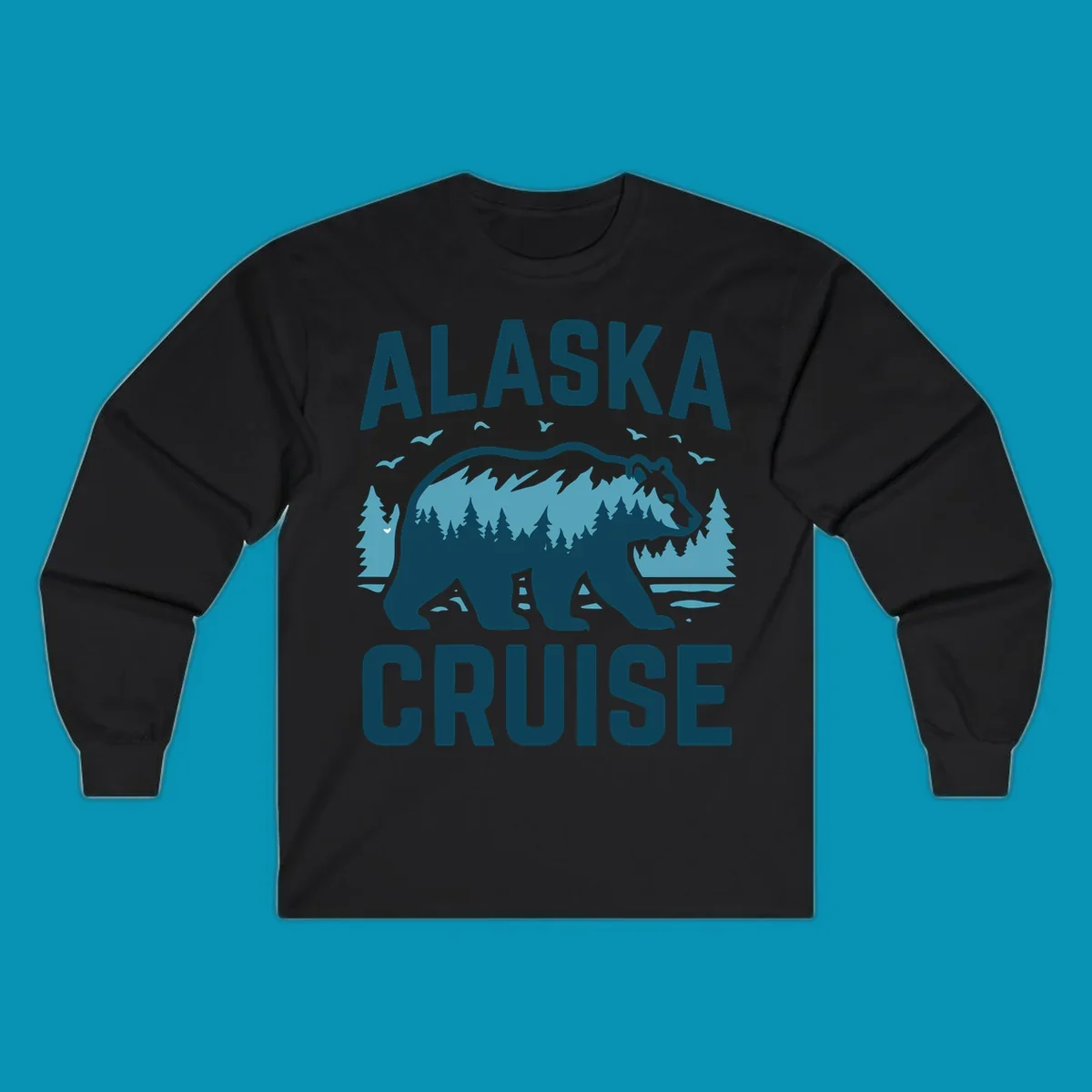 An illustrated design with 'ALASKA' and 'CRUISE' text, featuring a walking alaska-bear-mountain-silhouette filled with a forest and mountain landscape, surrounded by trees, birds, and water.