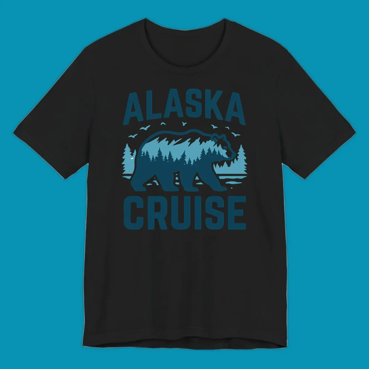 An illustrated design with 'ALASKA' and 'CRUISE' text, featuring a walking alaska-bear-mountain-silhouette filled with a forest and mountain landscape, surrounded by trees, birds, and water.