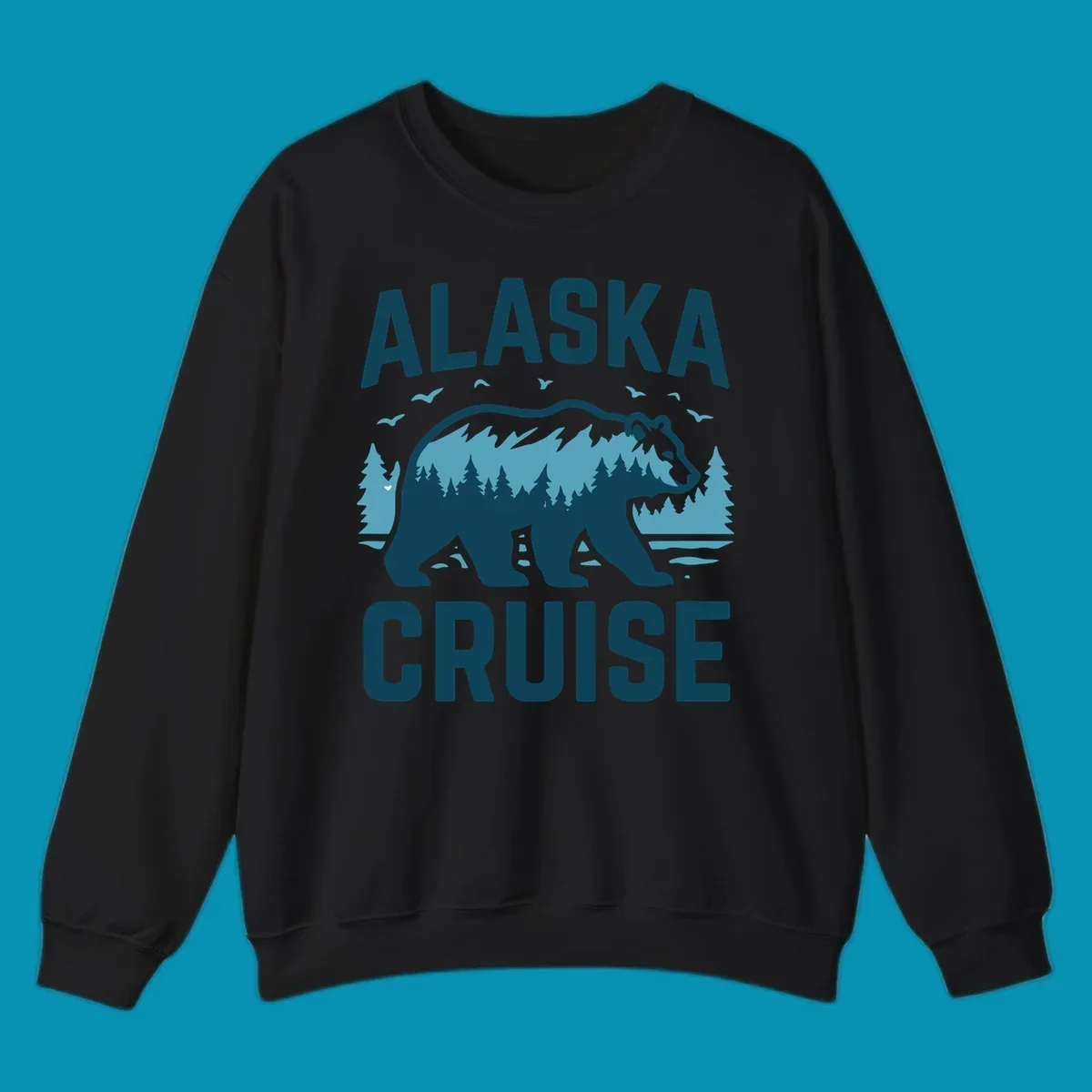 An illustrated design with 'ALASKA' and 'CRUISE' text, featuring a walking alaska-bear-mountain-silhouette filled with a forest and mountain landscape, surrounded by trees, birds, and water.