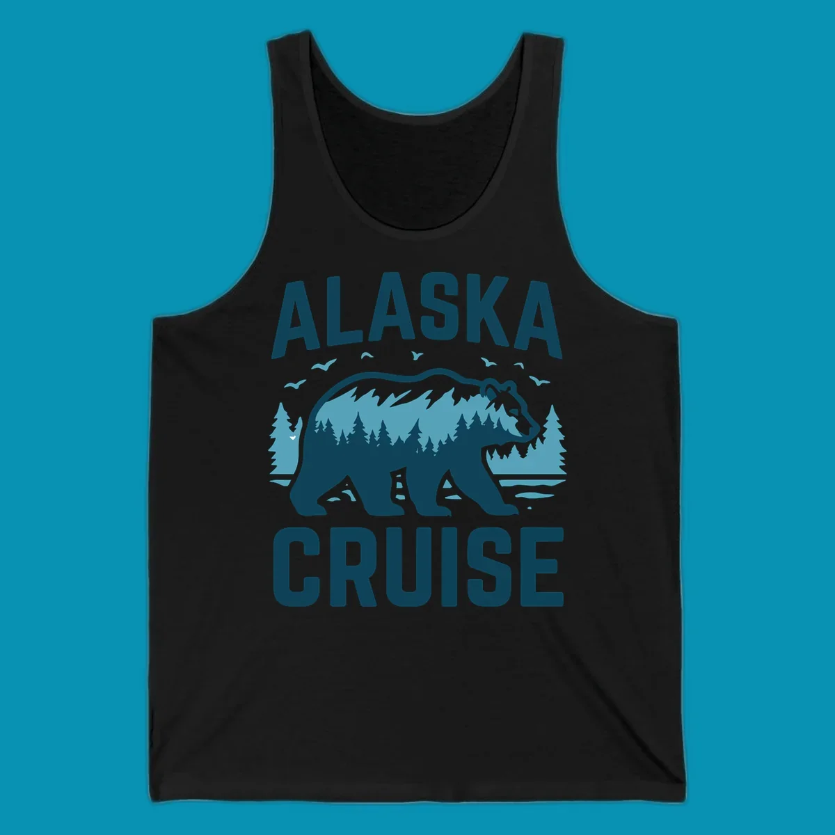 An illustrated design with 'ALASKA' and 'CRUISE' text, featuring a walking alaska-bear-mountain-silhouette filled with a forest and mountain landscape, surrounded by trees, birds, and water.