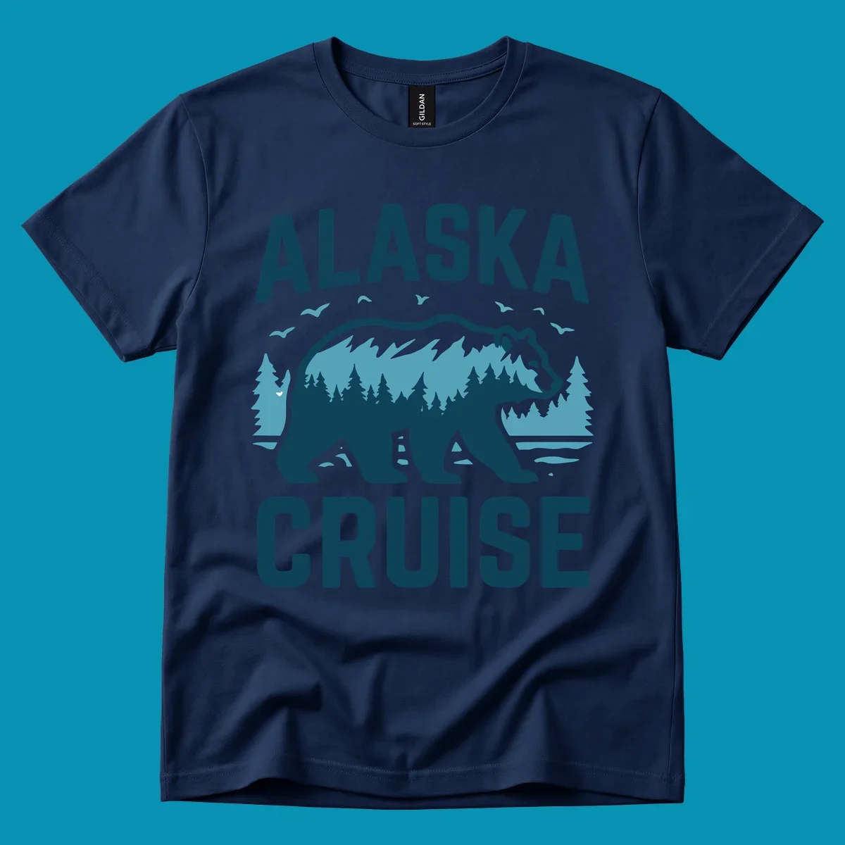 An illustrated design with 'ALASKA' and 'CRUISE' text, featuring a walking alaska-bear-mountain-silhouette filled with a forest and mountain landscape, surrounded by trees, birds, and water.