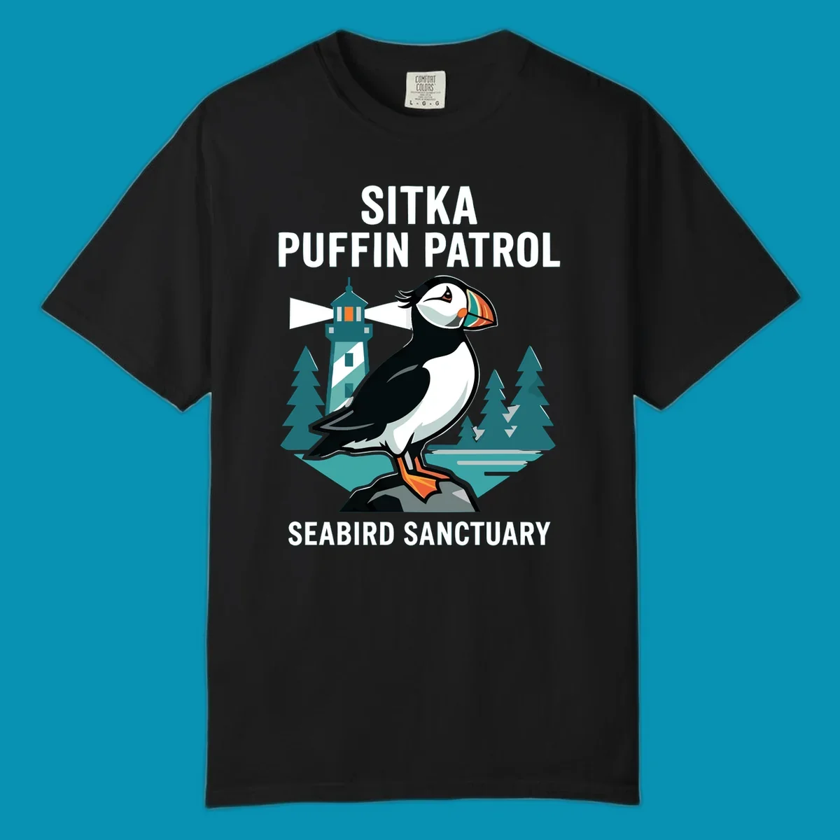 An illustration featuring a puffin on a rock with a lighthouse and pine trees in the background, with text 'SITKA PUFFIN PATROL SEABIRD SANCTUARY'. This design highlights the sitka-puffin-patrol theme.