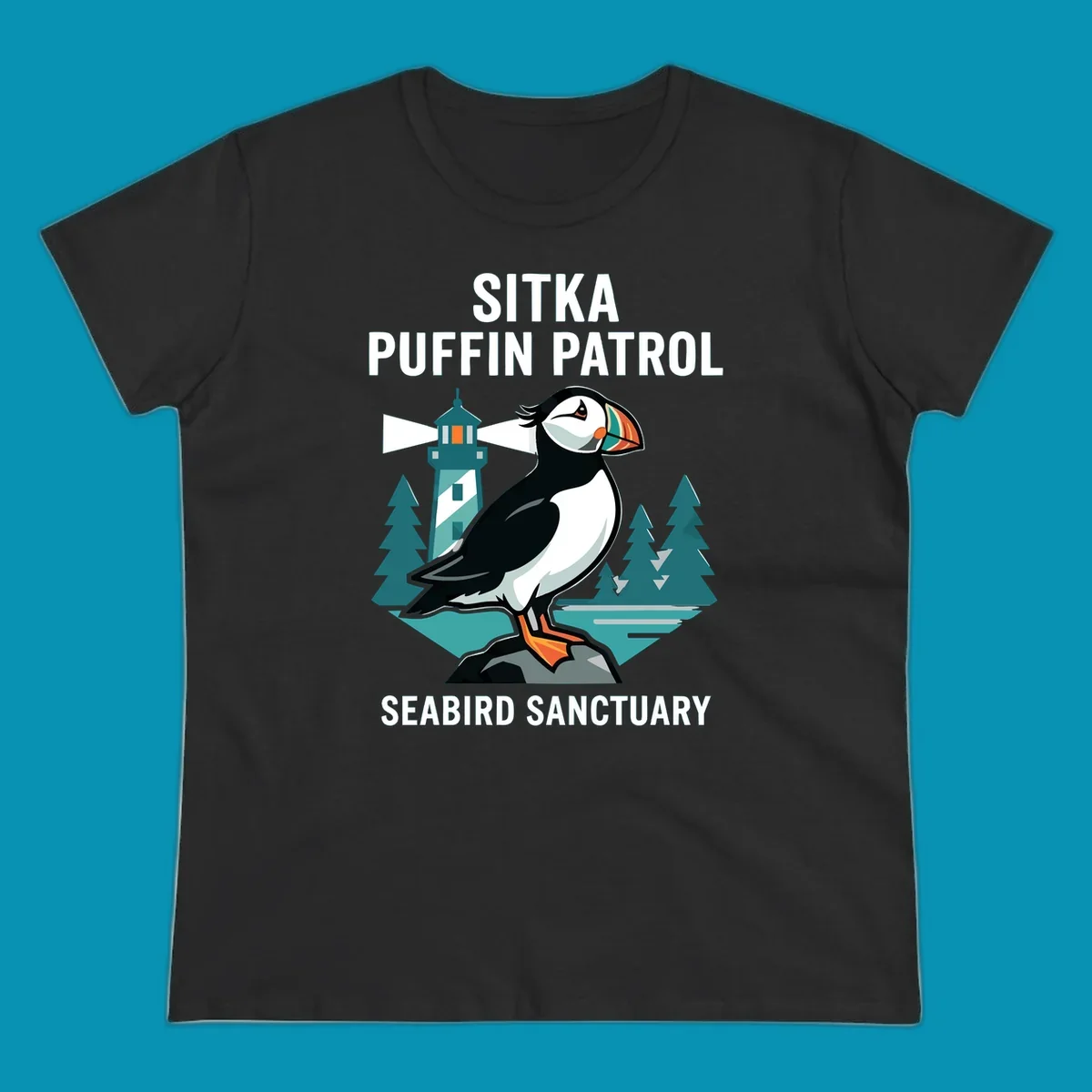 An illustration featuring a puffin on a rock with a lighthouse and pine trees in the background, with text 'SITKA PUFFIN PATROL SEABIRD SANCTUARY'. This design highlights the sitka-puffin-patrol theme.