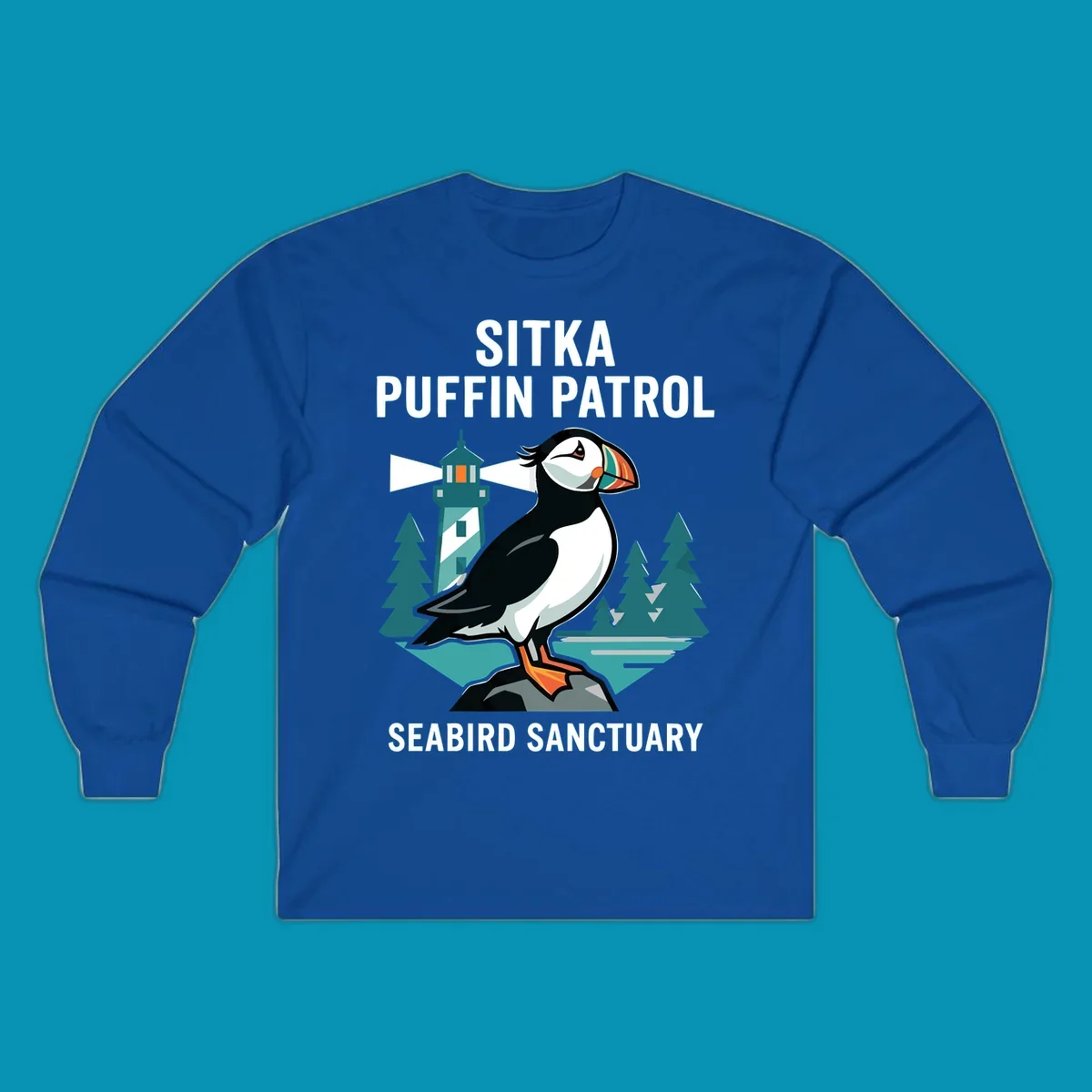 An illustration featuring a puffin on a rock with a lighthouse and pine trees in the background, with text 'SITKA PUFFIN PATROL SEABIRD SANCTUARY'. This design highlights the sitka-puffin-patrol theme.
