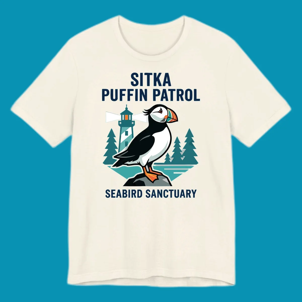 An illustration featuring a puffin on a rock with a lighthouse and pine trees in the background, with text 'SITKA PUFFIN PATROL SEABIRD SANCTUARY'. This design highlights the sitka-puffin-patrol theme.