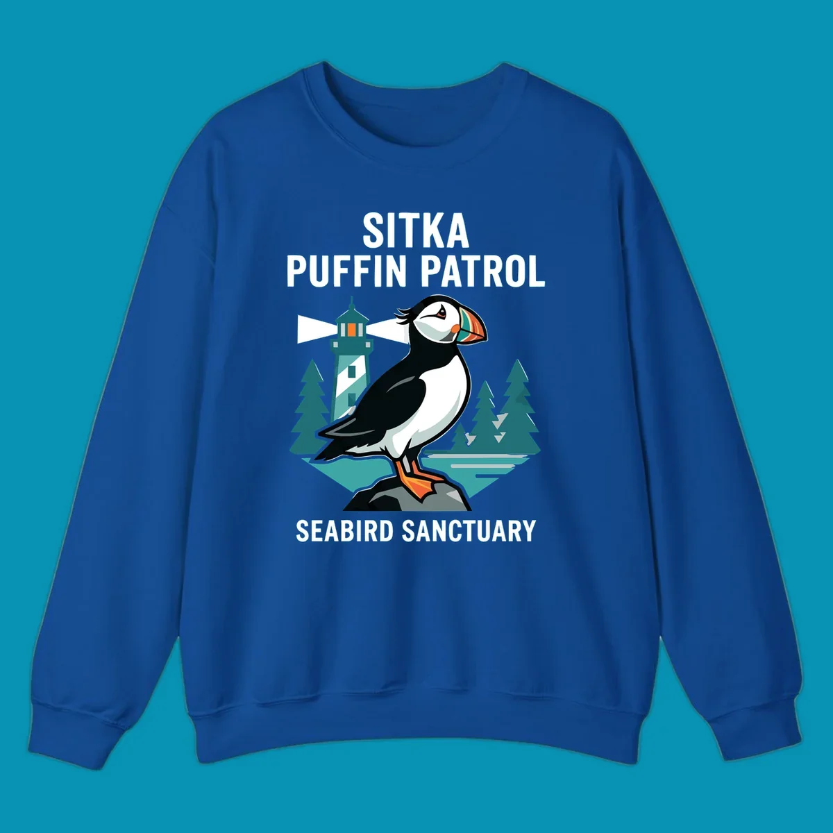 An illustration featuring a puffin on a rock with a lighthouse and pine trees in the background, with text 'SITKA PUFFIN PATROL SEABIRD SANCTUARY'. This design highlights the sitka-puffin-patrol theme.