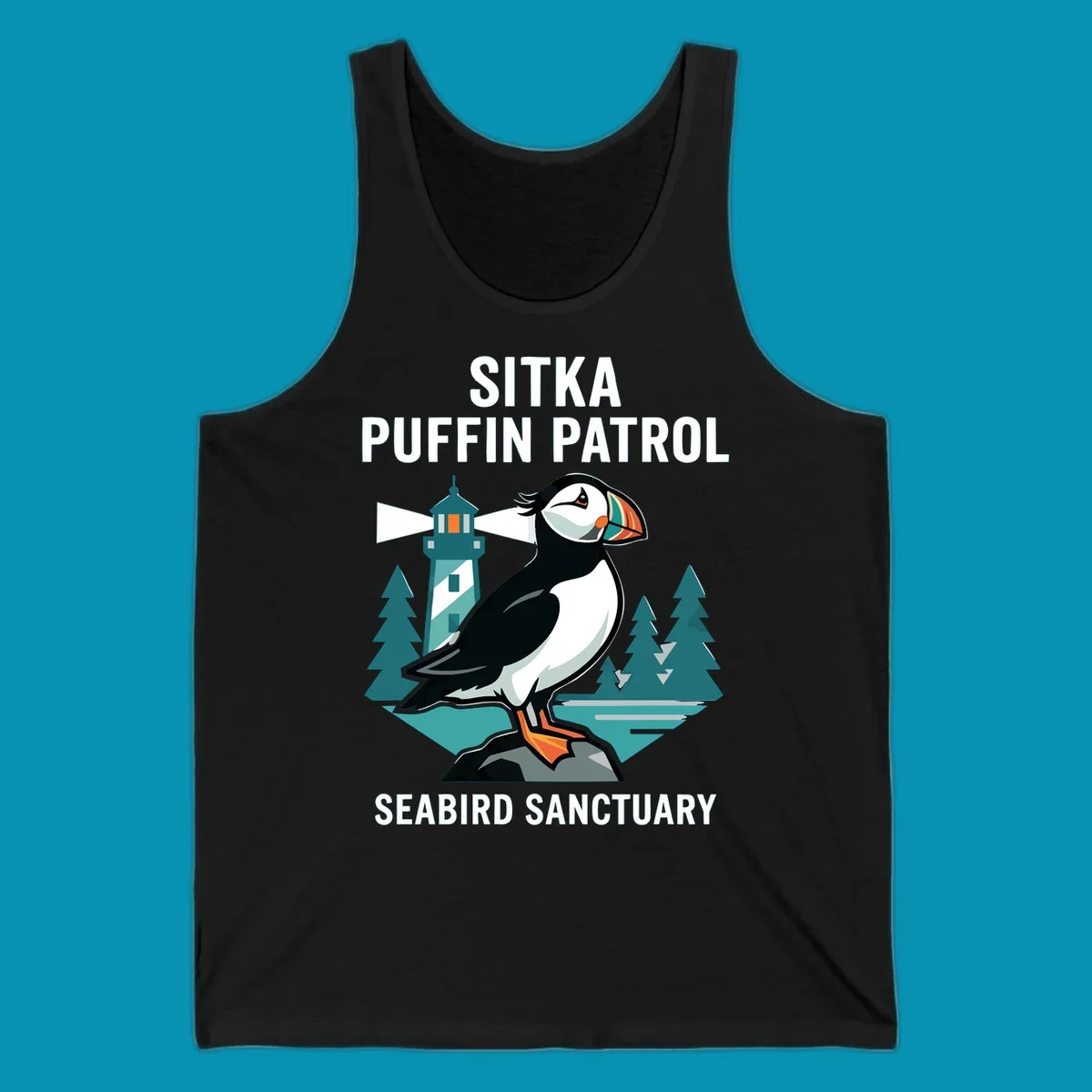 An illustration featuring a puffin on a rock with a lighthouse and pine trees in the background, with text 'SITKA PUFFIN PATROL SEABIRD SANCTUARY'. This design highlights the sitka-puffin-patrol theme.