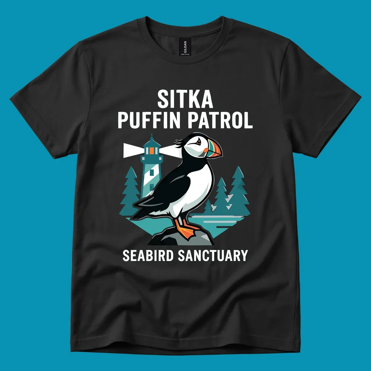 An illustration featuring a puffin on a rock with a lighthouse and pine trees in the background, with text 'SITKA PUFFIN PATROL SEABIRD SANCTUARY'. This design highlights the sitka-puffin-patrol theme.