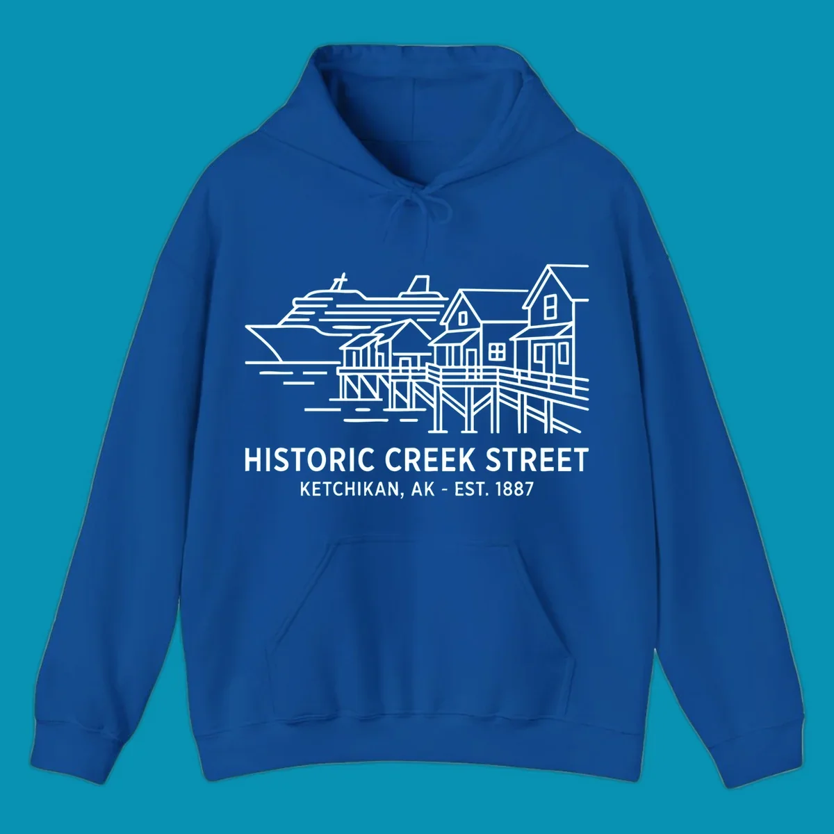 White line art illustration of Historic Creek Street in Ketchikan, Alaska, with a cruise ship, waterfront buildings, and text.