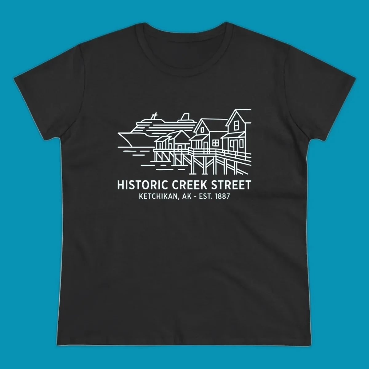 White line art illustration of Historic Creek Street in Ketchikan, Alaska, with a cruise ship, waterfront buildings, and text.