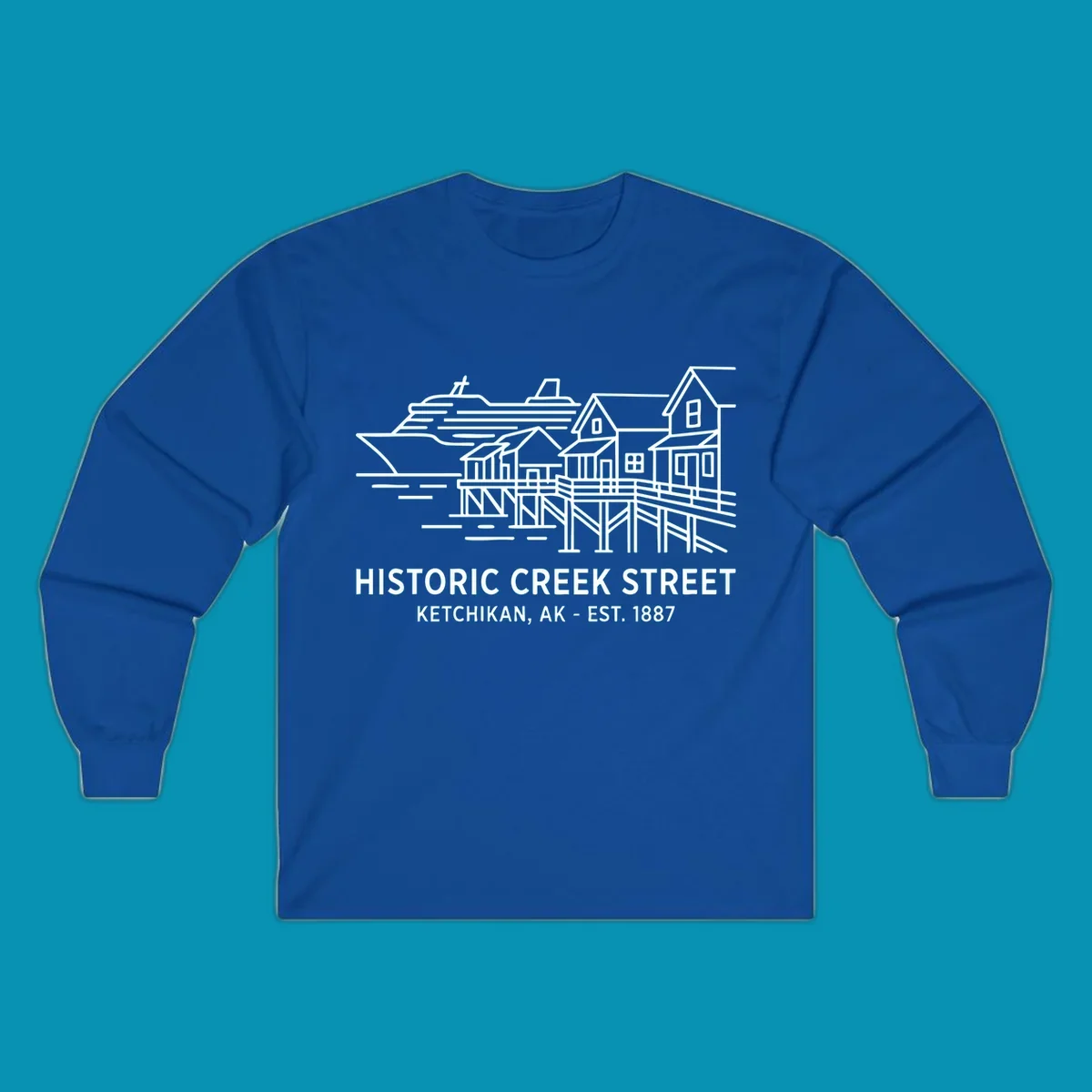 White line art illustration of Historic Creek Street in Ketchikan, Alaska, with a cruise ship, waterfront buildings, and text.