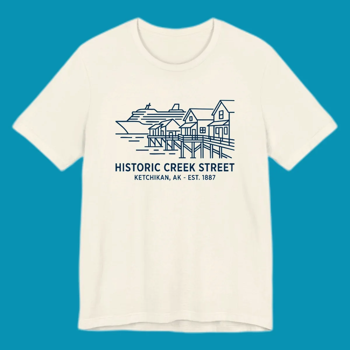 White line art illustration of Historic Creek Street in Ketchikan, Alaska, with a cruise ship, waterfront buildings, and text.