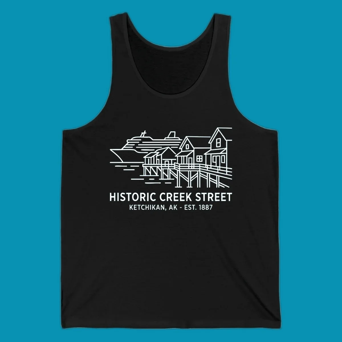 White line art illustration of Historic Creek Street in Ketchikan, Alaska, with a cruise ship, waterfront buildings, and text.