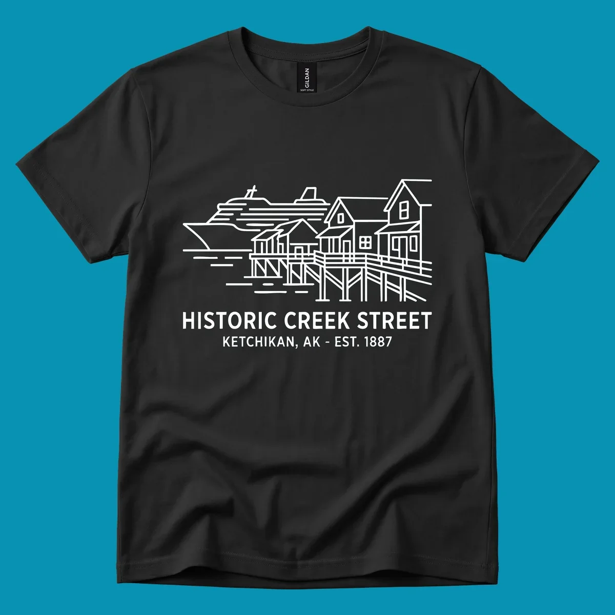 White line art illustration of Historic Creek Street in Ketchikan, Alaska, with a cruise ship, waterfront buildings, and text.