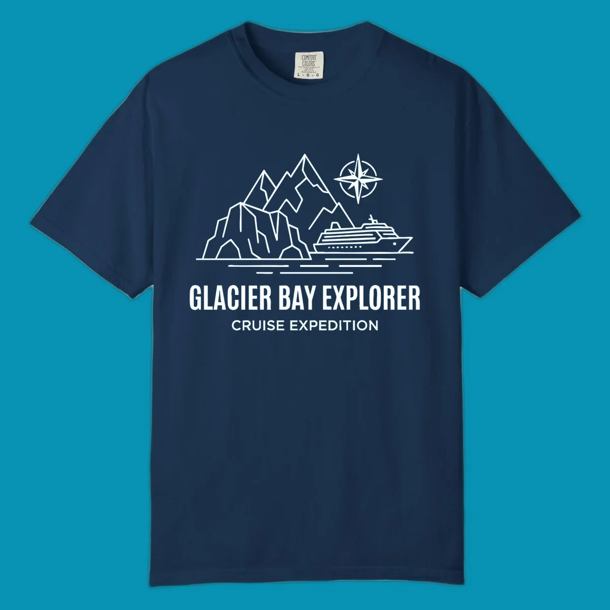 Outline illustration for a Glacier Bay Explorer cruise, featuring mountains, a ship, a compass rose, and the text 'Glacier Bay Explorer Cruise Expedition'.
