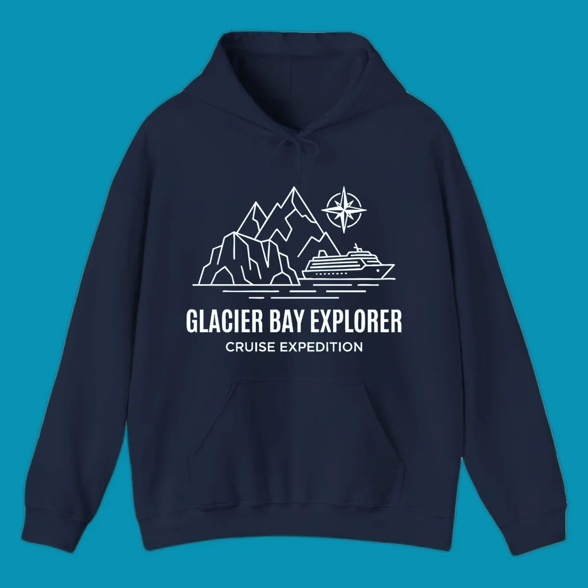 Outline illustration for a Glacier Bay Explorer cruise, featuring mountains, a ship, a compass rose, and the text 'Glacier Bay Explorer Cruise Expedition'.