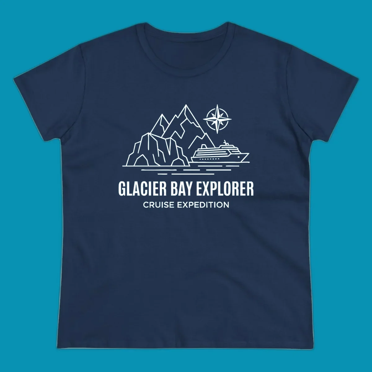 Outline illustration for a Glacier Bay Explorer cruise, featuring mountains, a ship, a compass rose, and the text 'Glacier Bay Explorer Cruise Expedition'.