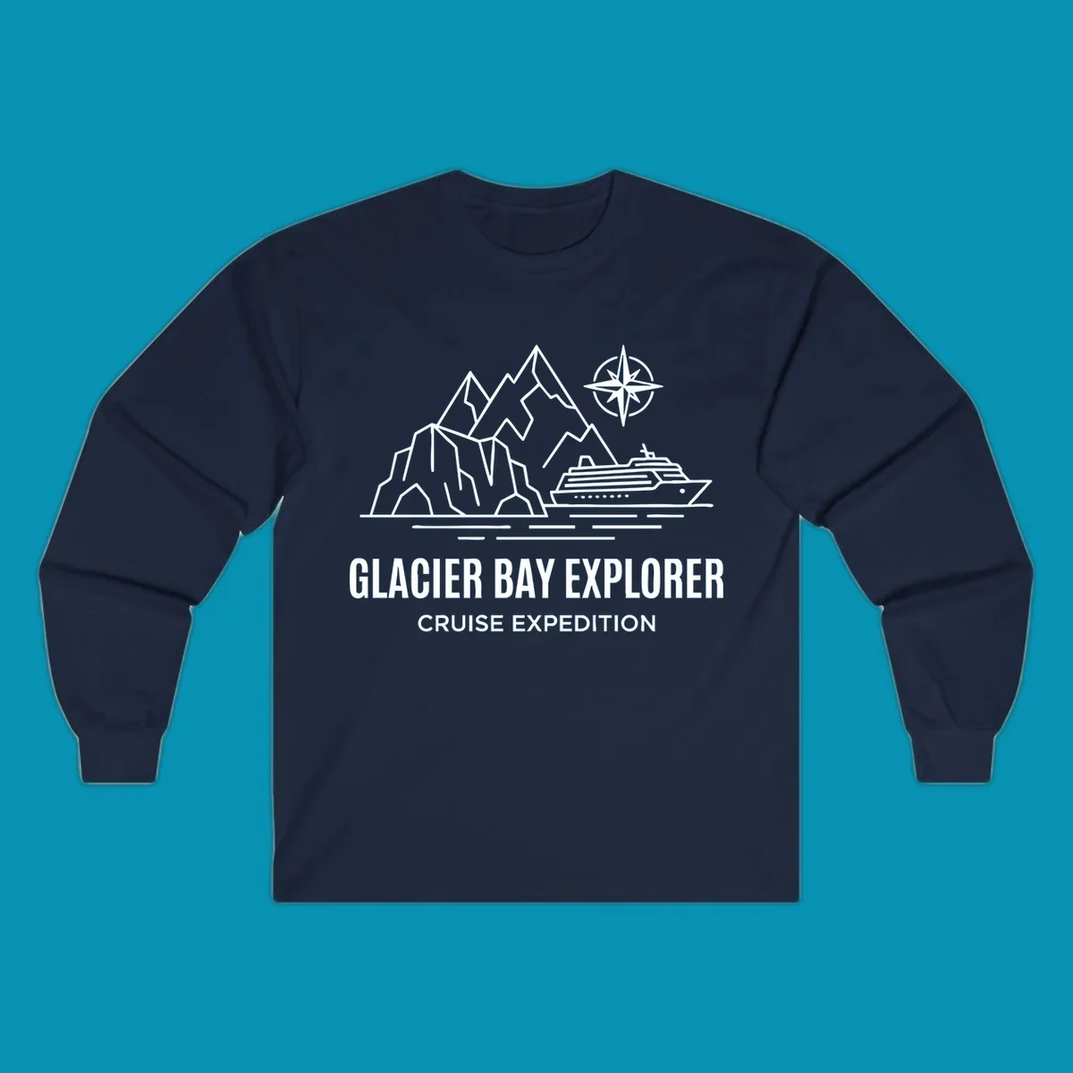 Outline illustration for a Glacier Bay Explorer cruise, featuring mountains, a ship, a compass rose, and the text 'Glacier Bay Explorer Cruise Expedition'.