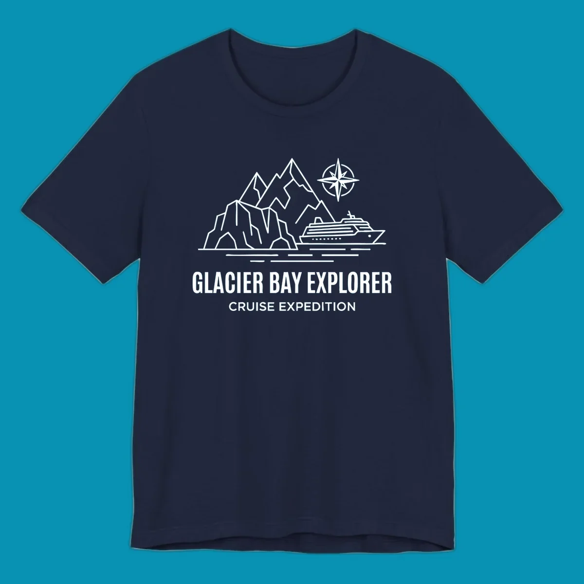 Outline illustration for a Glacier Bay Explorer cruise, featuring mountains, a ship, a compass rose, and the text 'Glacier Bay Explorer Cruise Expedition'.