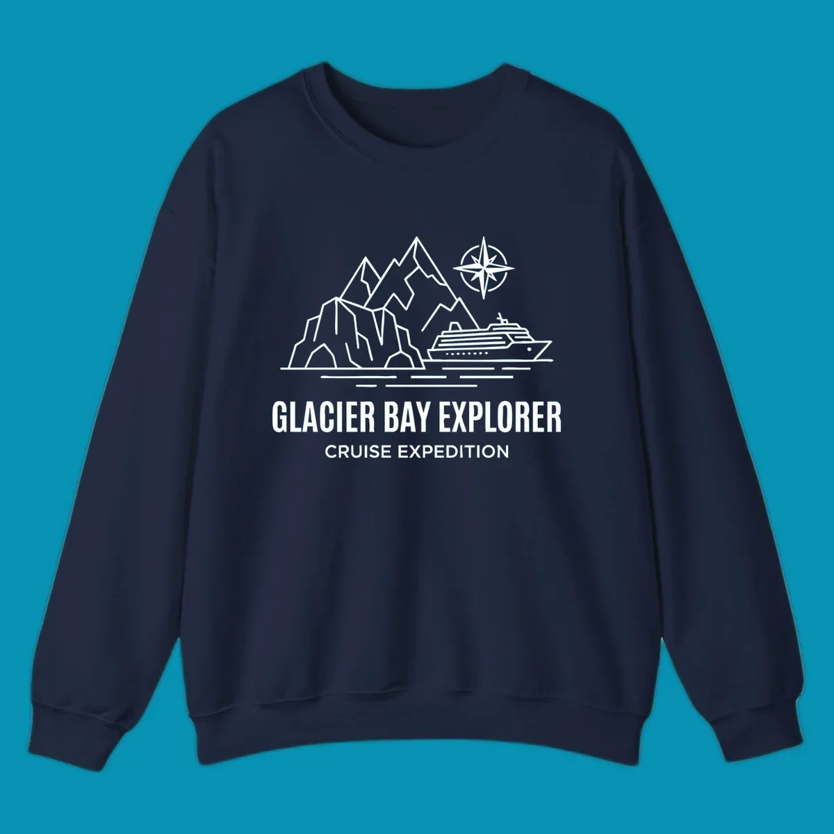 Outline illustration for a Glacier Bay Explorer cruise, featuring mountains, a ship, a compass rose, and the text 'Glacier Bay Explorer Cruise Expedition'.